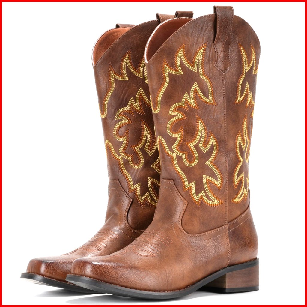 Mid Calf Western Boots Square Toe Embroidered Pull On Fashion Cowgirl Boots